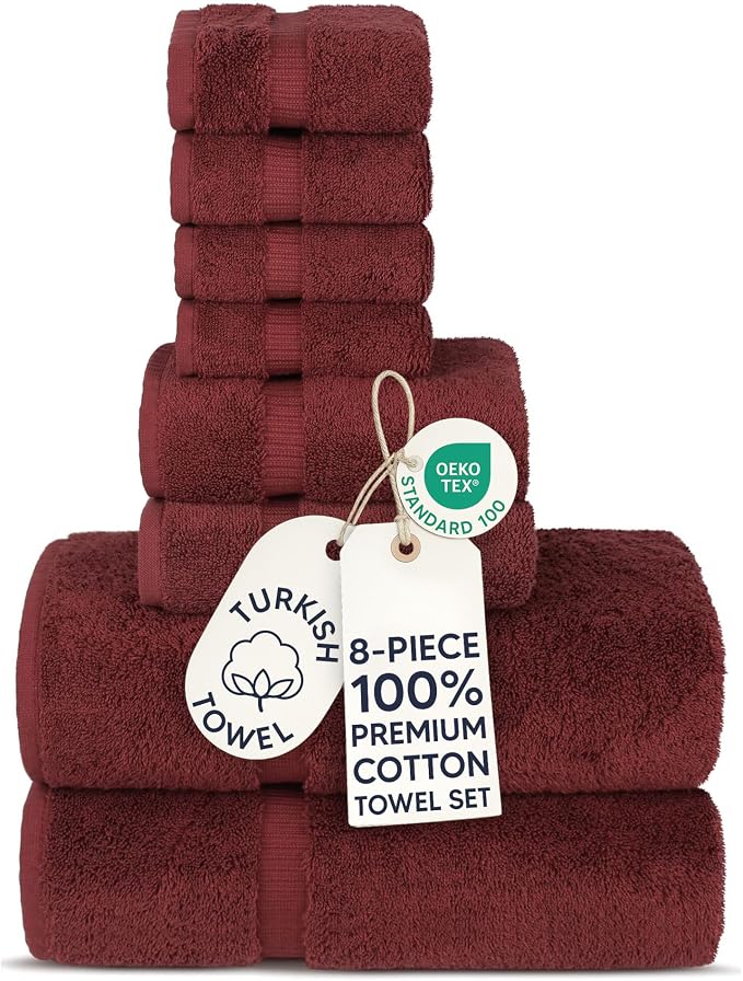 Chakir Turkish Linens | Hotel & Spa Quality 100% Cotton Premium Turkish Towels | Soft & Absorbent (8-Piece Towel Sets, Cranberry)