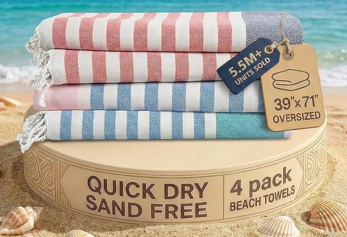 LANE LINEN Beach Towels 4 Pack, Beach Towels Oversized, Lightweight - Multi | Pre-Washed Extra Large Beach Towel - 39"x71", Vacation Essential - Machine Washable, Travel & Camping, Super Absorbent