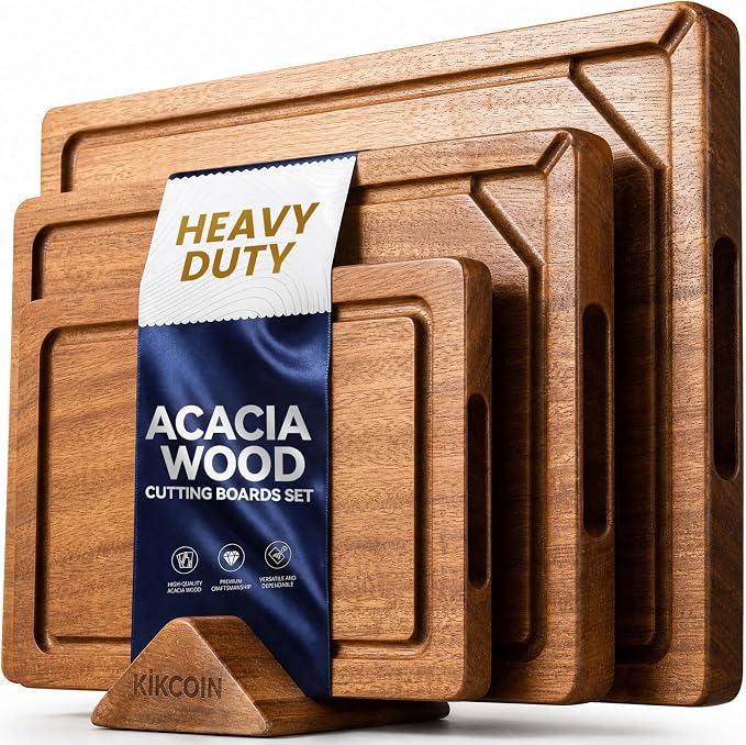 Kikcoin Acacia Wood Cutting Board Set of 3, Wooden Cutting Boards for Kitchen with Deep Juice Grooves, Butcher Block Wooden Chopping Board for Meat, Large Solid Charcuterie Boards Serving Tray
