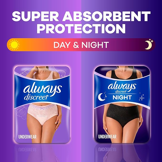 Always Discreet Adult Diapers for Women, Incontinence Underwear, Postpartum Essentials, Disposable Briefs, Max Absorbency, Bladder Leak Protection, Large, 17ct