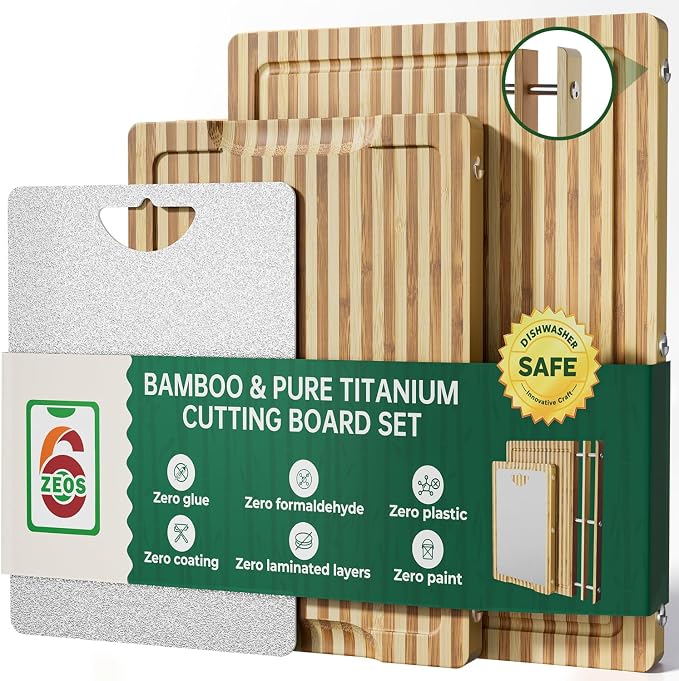 Glue Free, Plastic Free Zebra-Stripe Bamboo Pure Titanium Cutting Board Set | 6 Usable Sides, Juice Grooves, Non-Slip & Scratch Resistant, Knife-Friendly, Dishwasher Safe, Warp Resistant, Kitchen Gifts