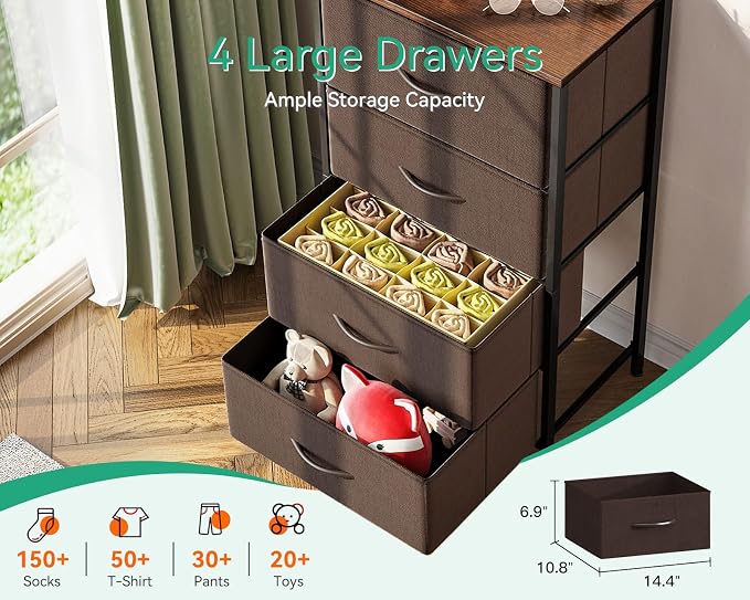 AODK Small Dresser for Bedroom with 4 Storage Drawers, Brown | Dressers Chest of Drawers Fabric Dresser with Sturdy Steel Frame, Dressers for Closet with Wood Top