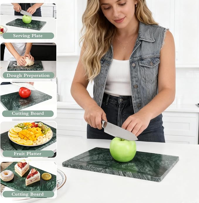 Marble Cutting Board for Kitchen 12×8 Inch green | Natural stone, 0.59" thick, non-slip feet, stay cool for dough/butter, ideal for pastry, cheese, charcuterie, pizza, bread