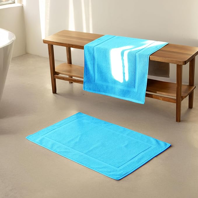 SALBAKOS 2-Piece 100% Turkish Cotton Bath Mat Towel, 20x34 inch, Aqua | Bathroom Floor Towels, Thick Soft Most Absorbent Quick-Dry Durable Large Size Foot Rug, Premium Hotel Quality Made in Turkey