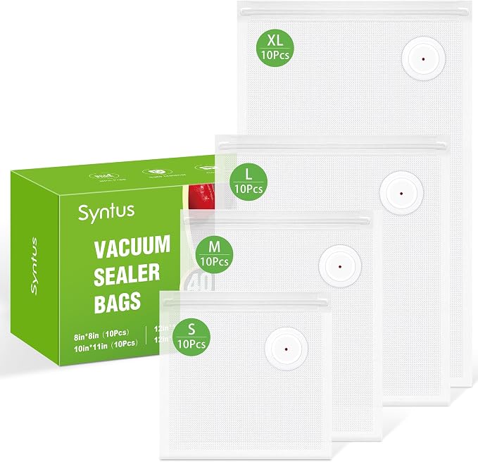 Syntus 40 Pcs Reusable Vacuum Sealer Bags for Food, S+M+L+XL | 8x8+10x11+12x13+12x19, Upgraded Air Valve, Microwave Freezer Sous Vide, Food Storage, Leak-Proof, for Compact Vacuum Sealer
