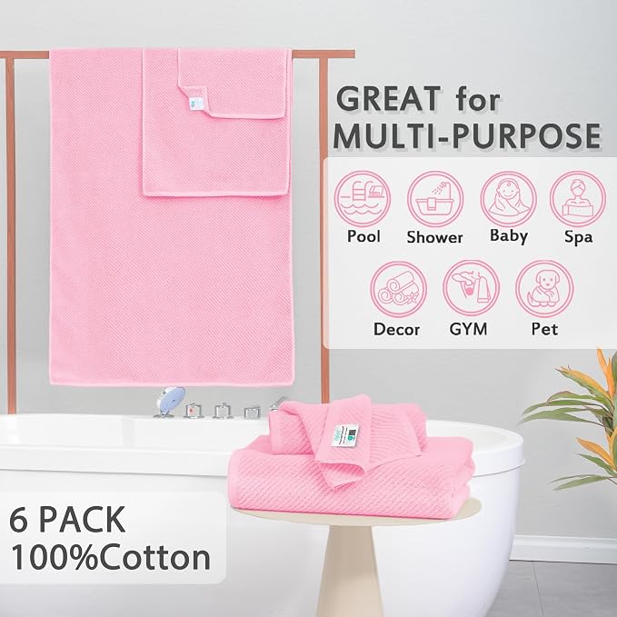 VOOVA & MOVAS 6PC Towel Set, 100% Cotton, Pink | 2 Large Bath 30x56 In, 2 Hand 18x28 In, 2 Washcloths 13x13 In, Soft, Quick Dry, Thick, Luxury Towel Gift Set
