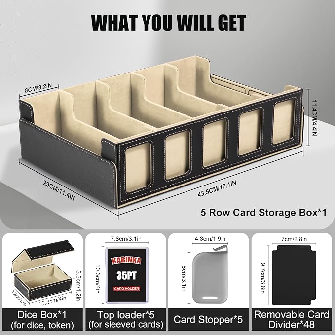 Kabinka Trading Card Storage Box with Commander Display, 5-Row 3900+ MTG Storage Box, Card Deck Box for MTG TCG Sports Card, 5 Top Loaders, 5 Stoppers, 48 Dividers,1 Dice Tray (Black Gold)
