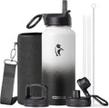 Coolflask Water Bottle 32 oz Insulated with Straw, Stainless Steel Metal 3 Lids Water Flask Wide Mouth for Sports or Office, Non-BPA Keep Cold Up to 48 Hrs or Hot Up to 24 Hrs, White & Black