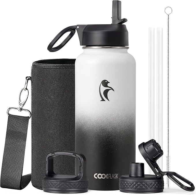 Coolflask Water Bottle 32 oz Insulated with Straw, Stainless Steel Metal 3 Lids Water Flask Wide Mouth for Sports or Office, Non-BPA Keep Cold Up to 48 Hrs or Hot Up to 24 Hrs, White & Black