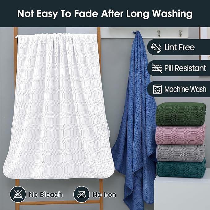 JML Bath Towels Set with Hook, 2 Pack, 30" x 60" | Microfiber, Lint Free, Oversized, Soft, Super Absorbent, Fast Drying, Use for Sport, Fitness, Yoga, Diamond Cross Grid White