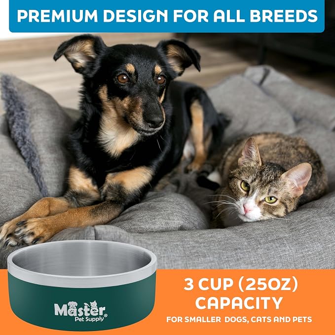 Master Pet Supply Stainless Steel Dog Bowls - 25 oz, Heavy Duty - Emerald Sea, Double Wall Extra-Thick Insulated, Non-Slip Pet Water Bowl for Dogs, Cats & Pets, Anti Rust Metal, Dish Washer Safe