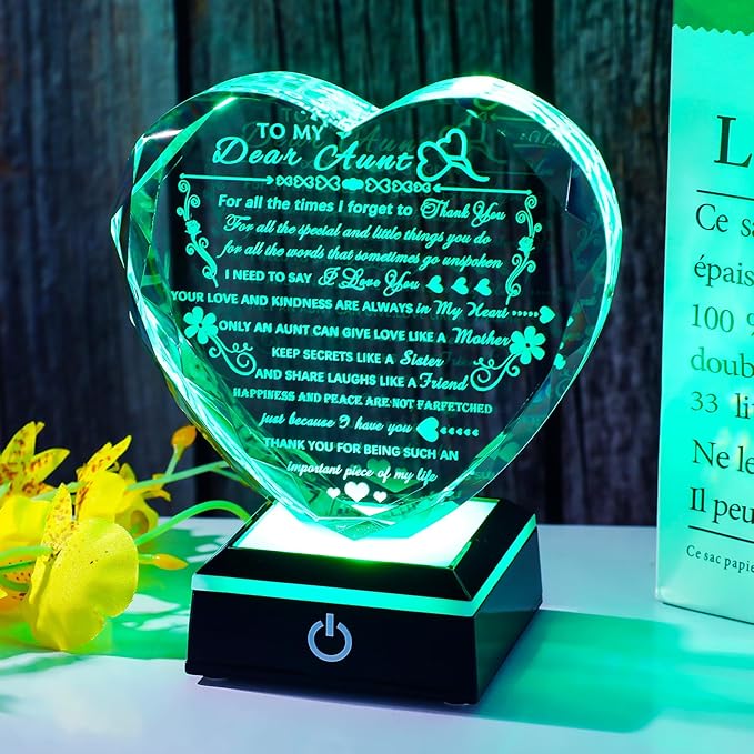 Arikyrist Aunt Gifts with Colorful LED Base Meaningful Crystal Heart Aunt Birthday Gifts from Niece Nephew Unique Presents for Auntie Christmas Mother's Day Valentine Day Thanksgiving