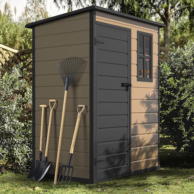 DWVO 5x3ft Resin Outdoor Storage Shed with Floor, Waterproof Lockable Tool Shed with Window, Plastic Outside Resin Storage Shed for Garden Backyard Patio Lawn