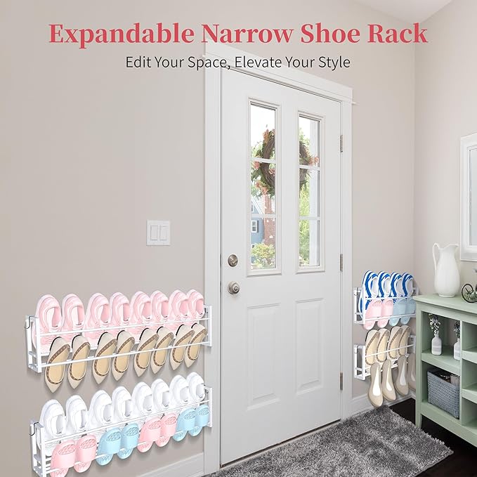 4 Pack Wall Mounted Shoe Rack for Narrow Spaces, Hanging Shoe Rack Holds 32 Pairs, 17"-30"Adjustable Heavy Duty Wall Shoe Storage with 8 Storage Hooks, Space Saving for Closet Entryway Door, White