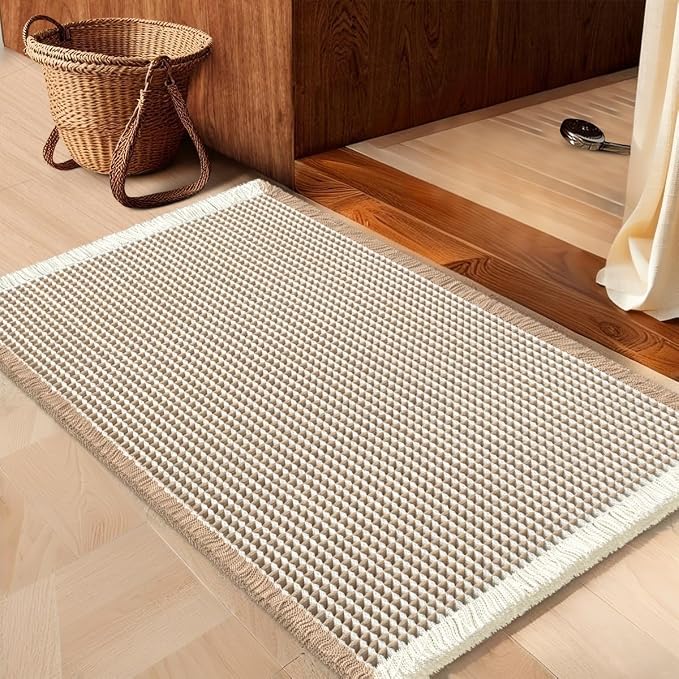IM HOME Waffle Bath Mat Brown & Cream 32"x20", Boho Woven Modern Bath Mat Rugs, Absorbent Non Slip Bathroom Rugs, Soft Washable Bath Rugs with Tassels for Bedroom, Kitchen, Shower, Tub