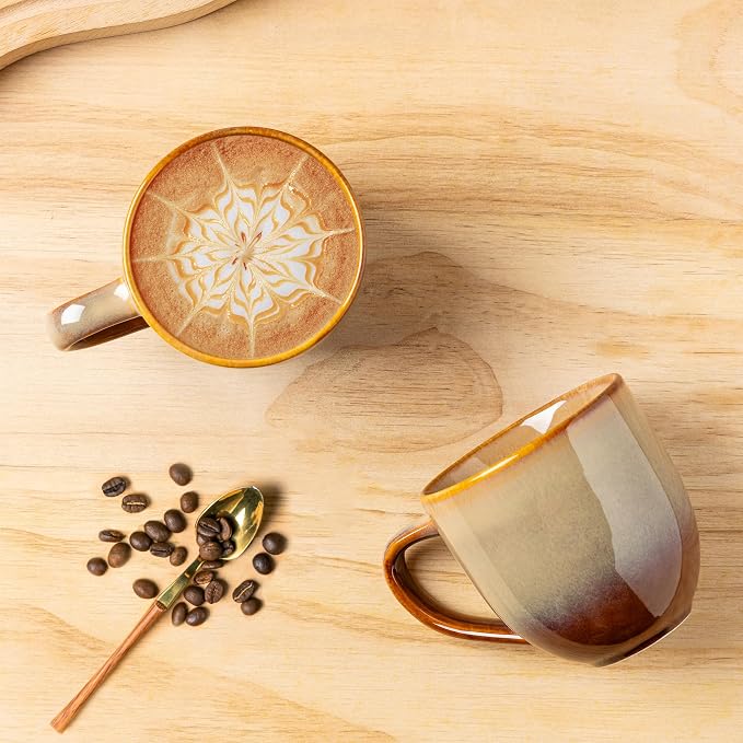 theterra Ceramic Coffee Mugs Set of 6, 12oz Handmade Coffee Cups with Handle for Latte, Tea, Milk, Beer, Hot Cocoa, Creamy Amber