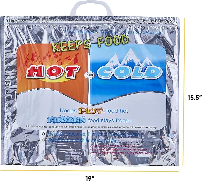 Superio Hot and Cold Insulated Bags for Food Delivery, Grocery Shopping Bags, Food Storage for Hot and Frozen Food for Travel, Disposable Cooler Bag, Reinforced Thermal Lunch Bag (12, 19"x5.5"x15.5")