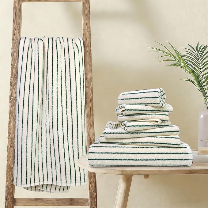 8 Piece Green Towel Set, Super Soft & Absorbent Cotton Striped Towels | for Bathroom Decor, 2 Bath, 2 Hand, 4 Washcloths