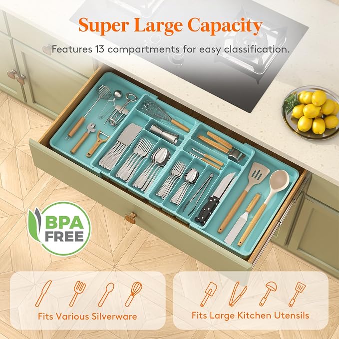 Lifewit Silverware Drawer Organizer, Expandable BPA Free Plastic Utensil Tray for Kitchen, Adjustable Flatware Cutlery Holder for Spoons Forks Knives, 21.3- 36 x 16.9", Turquoise