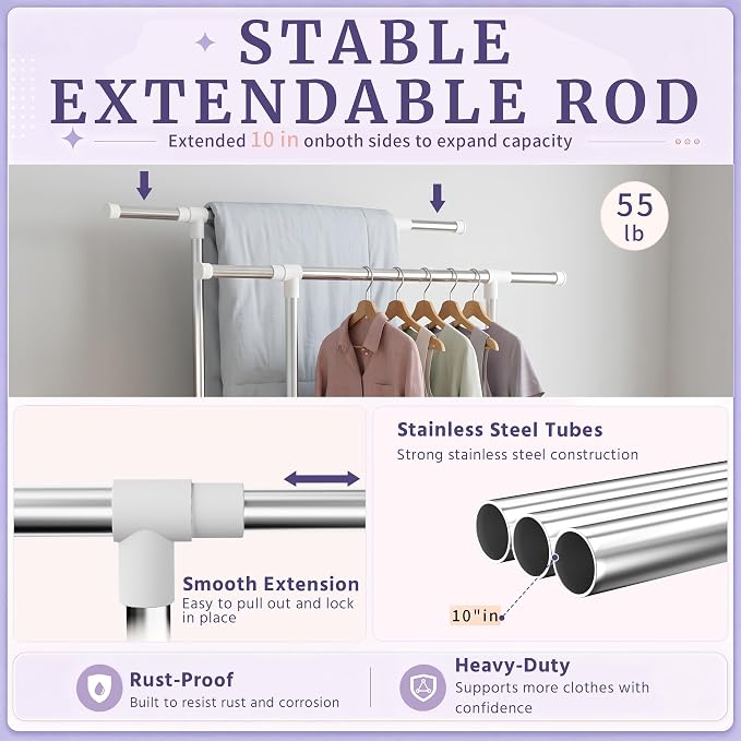 Clothes Drying Rack Foldable，Height & Length Adjustable Drying Rack | Large Drying Rack with 2-Tier Long Pole，Bedding，Lothing，Space Saving Drying Rack Clothing for Apartment，Balcony, White