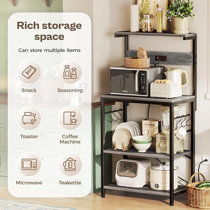 SUPERJARE Kitchen Bakers Rack with Power Outlet, Coffee Bar Table 4 Tiers, Kitchen Microwave Stand with 6 S-Shaped Hooks, Storage Shelf Rack for Spices, Pots and Pans - Charcoal Gray
