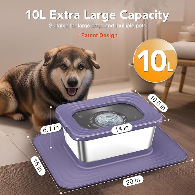 Decflow 10L Stainless Steel Dog Water Bowl, No Spill Anti-Splash Bowls | Slow Drinking for Messy Drinkers, XXl Anti-Skid Silicone Mat,Heavy Duty Pet Bowls for Indoor/Outdoor Use