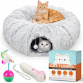 WiskaDen XL Plush Cat Tunnel Bed with Toy and Elderly Feline Access. 3-in-1 Light Grey Fluffy Donut Cushion. Circle Tube for Indoor Cats Leisure, Hiding Spot, Dog Bed, or Rabbit Cave