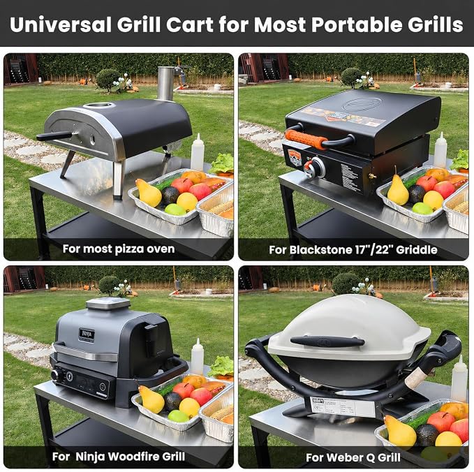 Hisencn 3-Tier Pizza Oven Table, Stainless Steel Outdoor Grill Prep Cart | 32x24 Inch Stainless Steel Grill Table for Pizza Ovens,Blackstone,Cuisinart,Portable Food Station with Hooks&Lockable Wheels