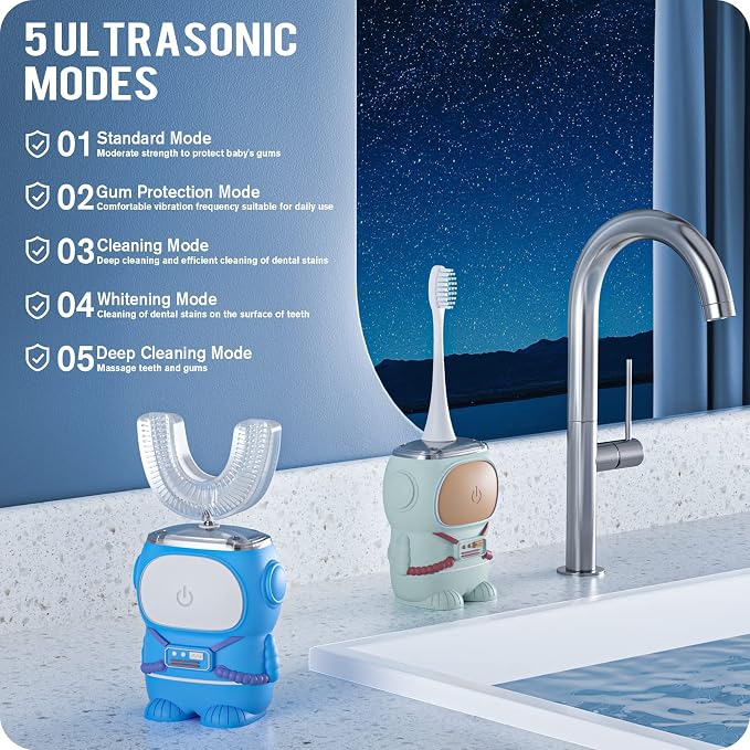 RexCodar Ultrasonic Kid's U-Shaped Electric Toothbrush, IPX7 Waterproof, Five Cleaning Modes, Cartoon Astronaut, 60S Smart Reminder (2-6 Age (Green))