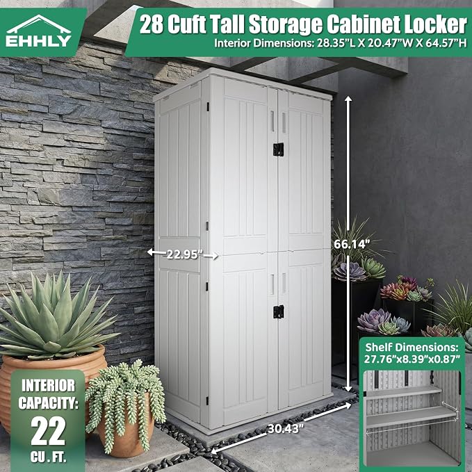 EHHLY Heavy Duty Tall Storage Cabinet Outdoor Weatherproof, 28 Cuft Garage Storage Cabinet with 4 Adjustable Shelves, Lockable Kitchen Pantry Closer Organizer, 31Wx23Lx66H, Polar White