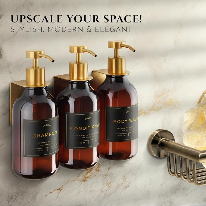 Shower Shampoo Dispenser Wall Mounted – 3 Refillable 16.9 oz Amber Bottles with Stainless Steel Pumps & No-Drill Adhesive Holders – Soap Dispenser Set for Bathroom (3 X Amber/Gold)