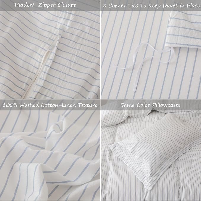 Stripe Linen Feel Duvet Cover King Size 104inch x 90inch,100% Washed Cotton Duvet Cover with Zipper Closure and 2 Pillowcases, Stripe of White-Cornflower Blue