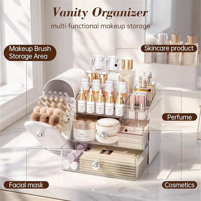 Delamu Makeup Organizer for Vanity with Closed Brush Holder, Large Bathroom Counter Organizer with Drawers, Skincare Organizers for Countertop, Storage Perfume Cosmetic Beauty, Girl Gifts (White)