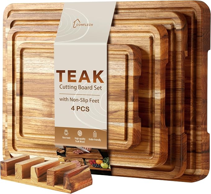 4 Pack Teak Cutting Board Wood Wooden Cutting Boards For Kitchen | Set of 4, Premium Solid Thick, FSC Certified Teak Wood, Natural Non-toxic, Anti-slip Feet, Ideal Gift Ideal Gift