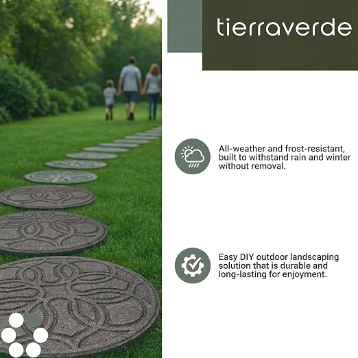 Tierra Verde Pendant Round Rubber Stepping Stones, Grey, 18 x 18 In, 4-Pack | Reversible 2-in-1 Design, Non-Slip Textured Surface, Impact-Absorbing, Easy Install, No Maintenance, for Walkways & Yards