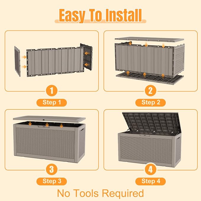 Outdoor Storage Box, 170 Gallon Waterproof Resin Deck Box with Support Rod | UV Resistant Lockable Package Delivery Bin, Shoe, Patio & Garden Tools Storage, Toy Cabinet, Ottoman, Indoor/Outdoor