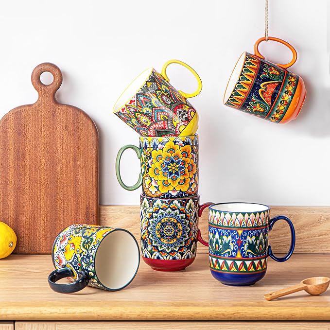 Henten Home Ceamic Coffee Mug Set of 6, 14 oz Colorful Latte Cup with Handle, Boho Floral Mug for Hot Cocoa, Milk, Tea, Chocolate, Microwave & Dishwasher Safe