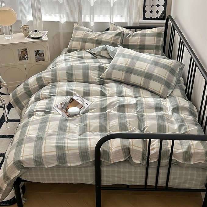 mixinni Full Size Buffalo Plaid Duvet Cover Set - 3 Piece Green White Geometric Bedding Set with Zipper Closure & Ties, 100% Washed Cotton Soft Breathable Duvet Cover for Men, Women, Teens (Full)