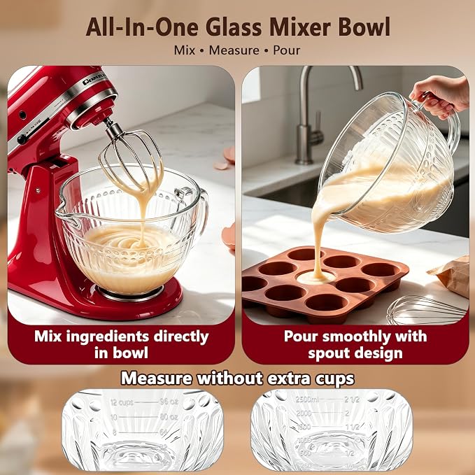 5QT Glass Mixer Bowl for KitchenAid 4.5 and 5 Quart Tilt-Head Stand Mixers | Double-Layer Thickened Mixing Bowl Replacement for Kitchen aid with Measurement Markings Pour Spout & Handle, Dishwasher Safe