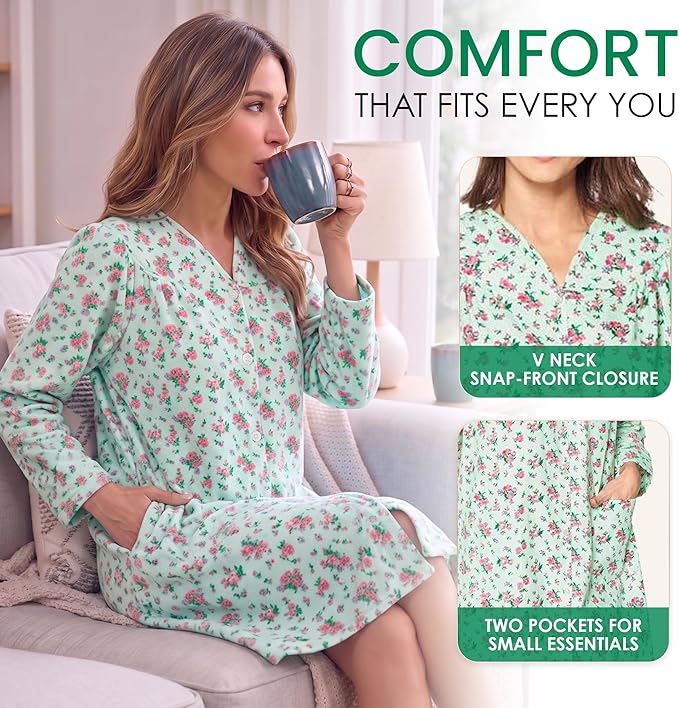 Casual Nights Women's Floral Snap Front Flannel Duster Long Sleeve Lounger Dress