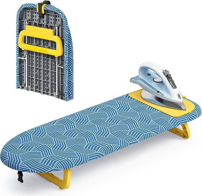 KINGBOARD Tabletop Ironing Board, Small Ironing Board with Iron Mat, Foldable Mini Iron Board, Easy Storage for Travel & Dorm, 12x32 Blue & Yellow