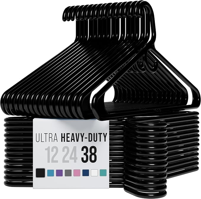 NEATERIZE Thick Heavy Duty Hangers - Black Plastic Clothes Hangers 38 Pack - Great for Coat Hanger, Jackets Jeans & Suit Hanger for Closet - New Apartment Essentials Percheros Ganchos para Colgar Ropa