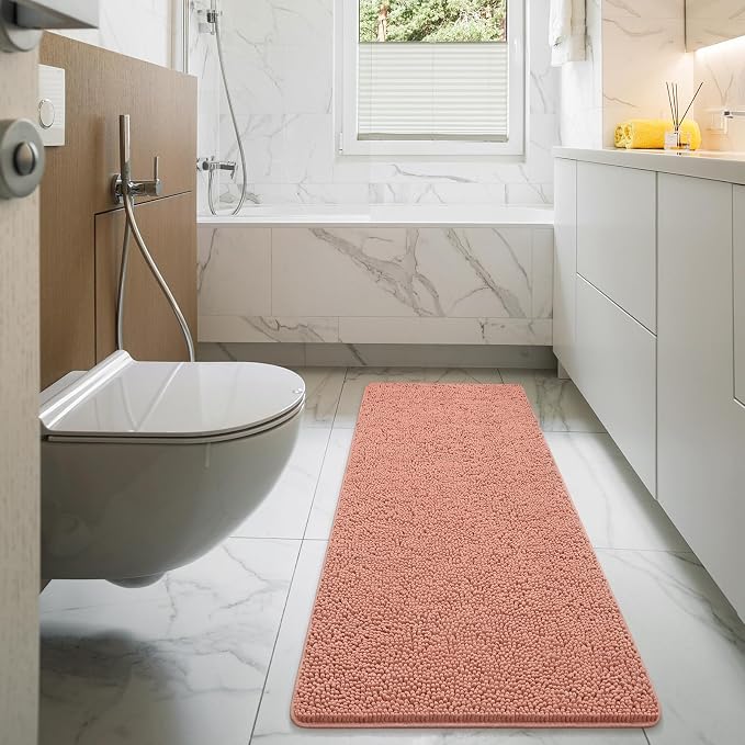 LOCHAS Luxury Bathroom Rug Shaggy Bath Mat 24 x 60 Inch, Pink | Washable Non Slip Bath Rugs for Bathroom Shower, Soft Plush Chenille Absorbent Carpets