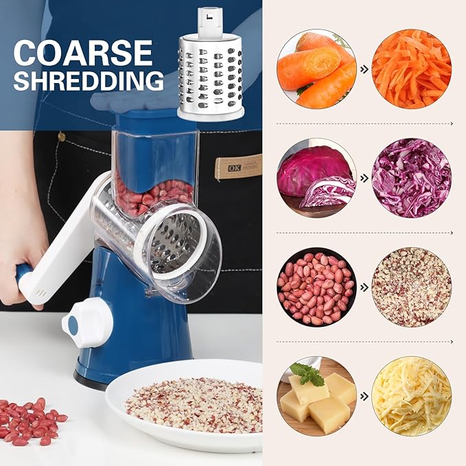 Cambom Rotary Cheese Grater Hand Crank Cheese Shredder for Fresh Cheese, Vegetable, Nuts,Non-slip Suction Base，Three Blades,Dark Blue