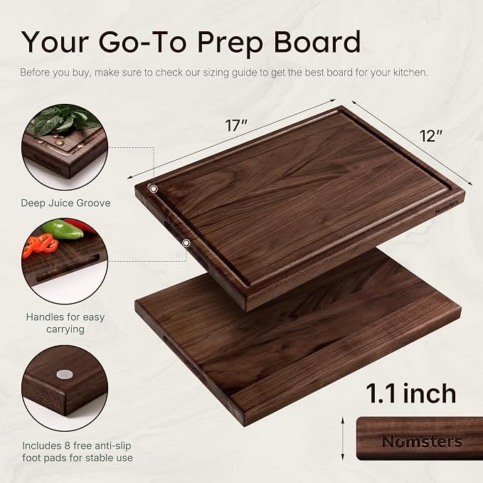 Luxury American Black Walnut Wood Wooden Cutting Boards for Kitchen 17'' | Real Black Walnut, Reversible, Chopping, Non Slip, Solid Hardwood, Charcuterie Board, Butcher Block, From USA, Kitchen Gift