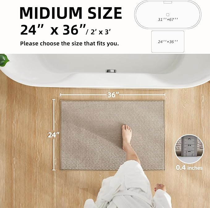 TYUU Bathroom Rugs Non Slip Washable, Super Absorbent Thin Bath Mat Quick Dry Low Pile Bathroom Rug, Beige 24"x36"