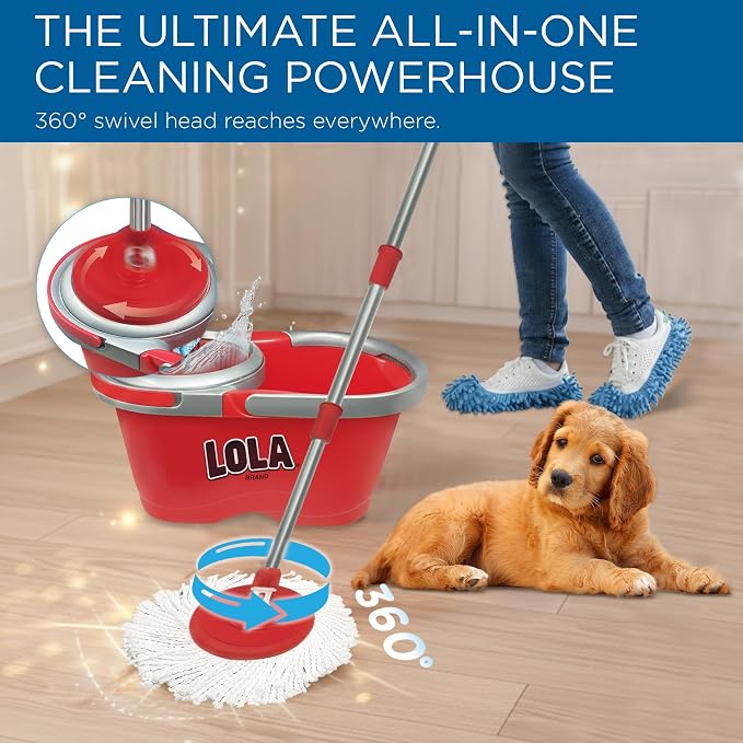 Revolution Deluxe Spin Mop & Bucket, w/ 3 Microfiber Washable Heads, 1 Pair Microfiber Mop Slippers, Fast Dry, Deep Clean Floors & Hands-Free Wringer, Easy Spin Dry, No Exhaustive Foot Pedal, LOLA