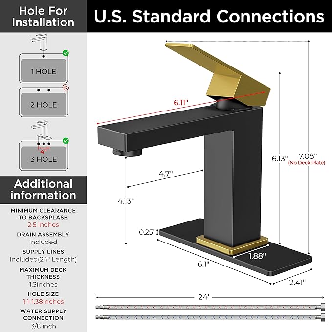 FORIOUS Single Handle Bathroom Faucets Black and Gold, 1or 3 Hole Bathroom Sink Faucet with Pop-up Drain