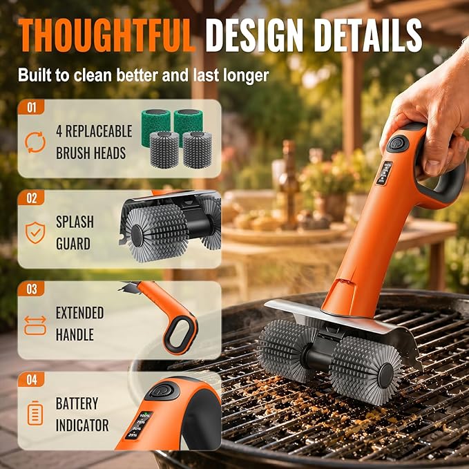 Electric Grill Brush, Cordless BBQ Grill Cleaner with Dual Rotating Heads, 450 RPM Motorized Grill Cleaning Brush with Forward & Reverse, LED Light, 6-Piece Replaceable Brush Set for Outdoor Grill