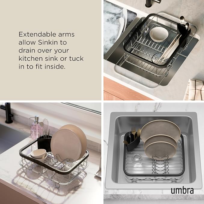 Umbra Sinkin Dish Drying Rack, in Sink or on Counter Drainer, Black/Nickel | Durable steel wire frame, rubber coated feet, low profile design, plastic base